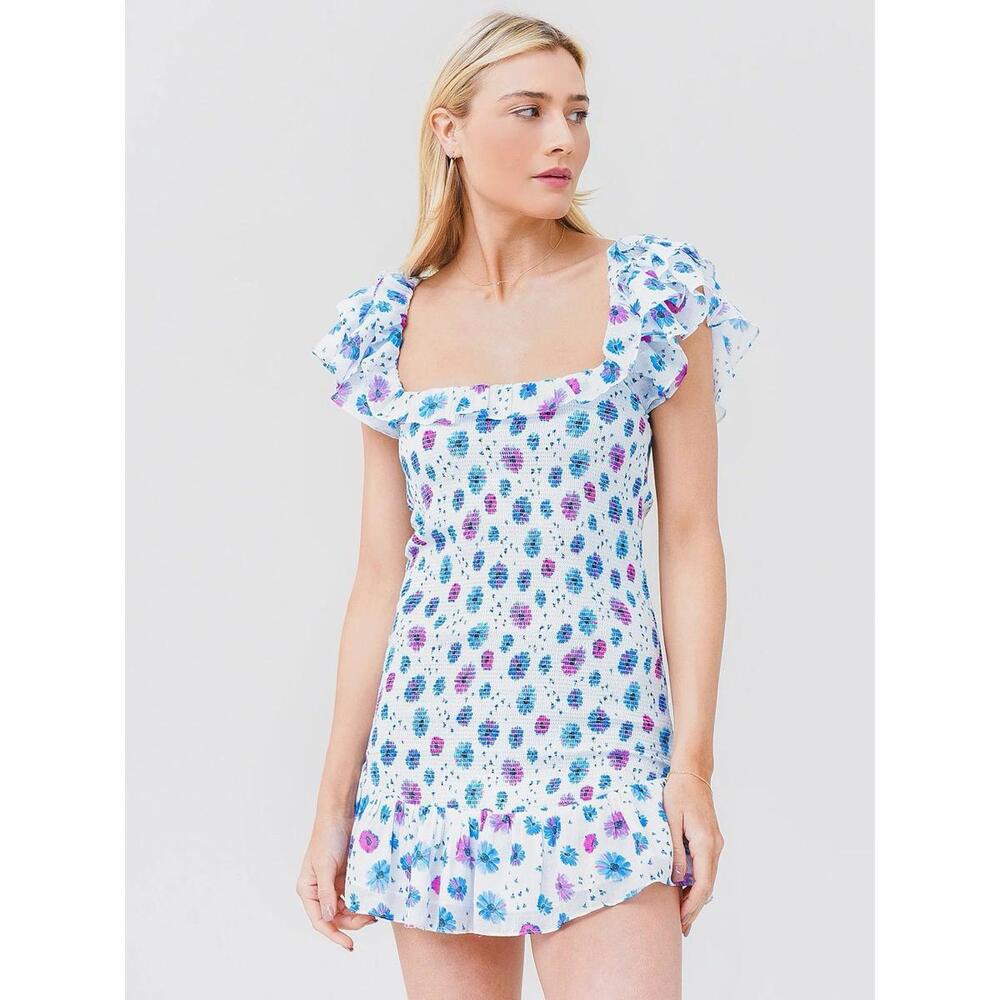 Love Shack Fancy Kodie Dress XS Pastel Floral Smocked Ruffle Mini Romantic Dress